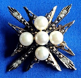 Atomic Starburst Gold Tone Faux Pearls & Rhinestones Vintage Brooch