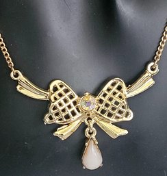 Lovely Vintage Gold Tone Bow Necklace With Aurora Borealis & Faux Opal Drop