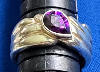 Vintage Sterling Silver Cable Ring With Pear Shaped Faceted Amethyst Stone