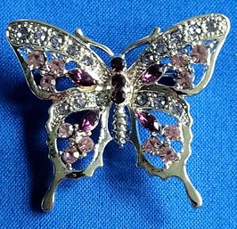 Purple And Pink Rhinestones & Silver Tone Swallowtail Butterfly Brooch