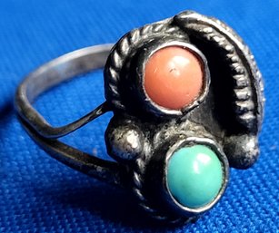 Vintage Sterling Silver Turquoise & Coral Navajo  Ring