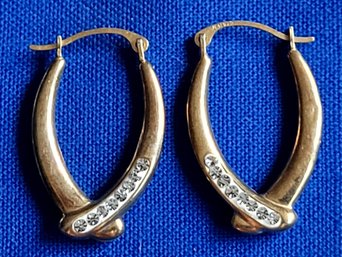Vintage Gold Over Sterling Silver Elongated Hoops With CZ Details Pierced Earrings