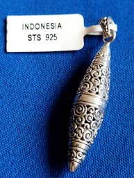 Sterling Silver Balinese Filigree Scroll Elongated Pendant - New With Tag