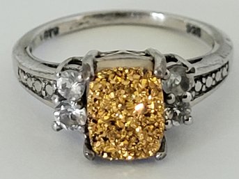Lovely Gold Quartz Druzy Sterling Silver Ring