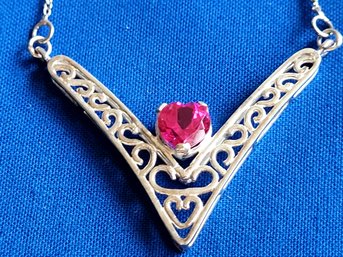 Pretty Sterling Silver Chevron Pendant Necklace With Ruby Center