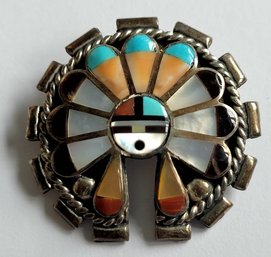 Gorgeous Zuni Native Sun Face Inlaid Sterling Silver Pendant Or Brooch