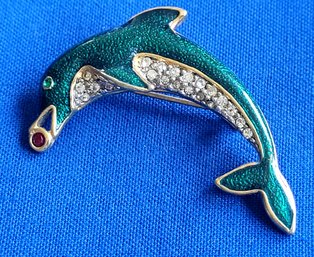 Fantastic Enamel And Rhinestone Detail Dolphin Brooch