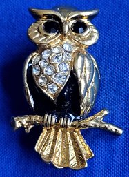 Vintage Enamel Owl Brooch With Rhinestone Details