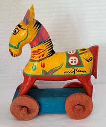 Vintage Folk Art Painted Wooden Horse On Wheels Decor
