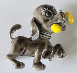 Cute Vintage Enamel Dog With A Bone Brooch