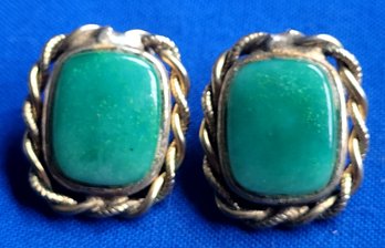 Vintage Gold Tone Framed Green Enamel Clip Style Earrings