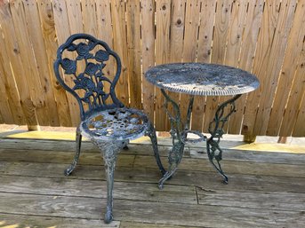 Vintage Cast Metal Cafe Rose Motif Table And Chair