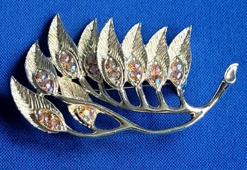 Aurora Borealis Crystal Gold Tone Windswept Leaf Brooch