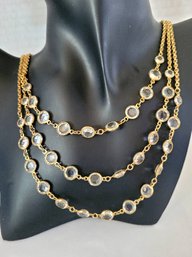 Lovely Vintage Goldette NY 3 Strand Clear Crystal Tiered Necklace