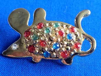 Cute Gold Tone & Colorful Crystals Mouse Brooch