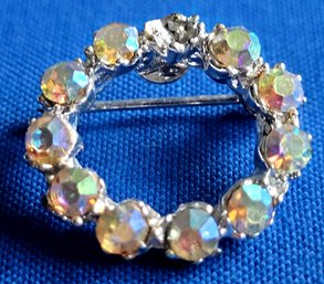 Diminutive Vintage Aurora Borealis Rhinestone Open Circle Brooch