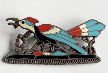 Vintage Southwestern Nickel Silver & Colorful Enamel Bird Brooch