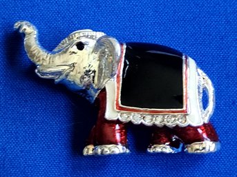 Lucky Trunk Up Elephant Brooch Silver Tone With Enamel Saddle Cloth