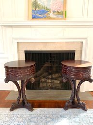 PAIR Ornately Carved Side Tables With A Wide Drape & Fringe Border Design