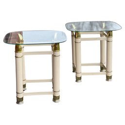Pair Of 90s End/Side Tables Tommaso Barbi Style Cream & Gold Tone Faux Tusk Horn W/Smoked Glass Top Occasional