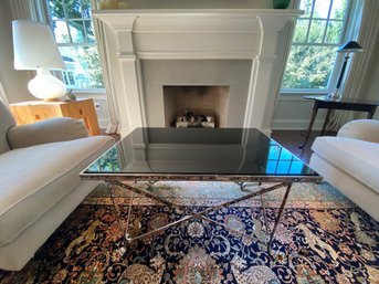 Elegant Black Glass Top Coffee Table In Polished Silver With Claw Feet