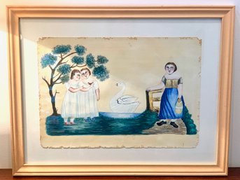 Sweet Primitive Watercolor On Paper Unsigned / Love Wish Granted