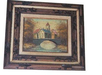 Small P Klaus 'Stone Bridge And Village Scene' Oil Painting - Signed And Framed