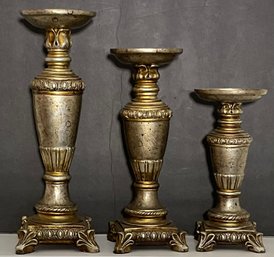 Trio Decorative Wood, Resin Gold, Silver Tone Candlesticks.