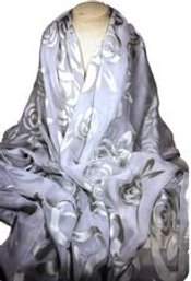 Large Christian Dior Silk Scarf Having White Roses On Sheer Gray