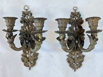 Pair Of Bronze Sconces/candelabra- Angel Motif