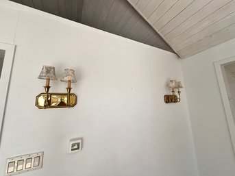 Pair Of Brass Sconces With Blue And White Shades