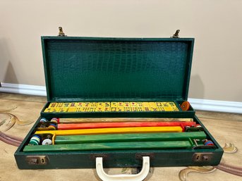 Vintage Green Leather Cased Mahjong Set, Complete