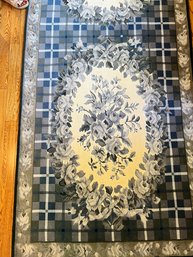Blue And White Floral And Plaid Needlepoint Area Rug