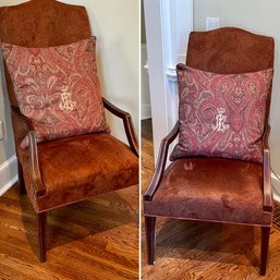 Pair Of Upholstered Raymond Waites High Back Wood Frame Arm Chairs