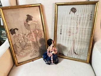 Two Framed Japanese Silk Prints, And A Small Doll
