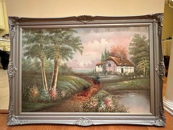 Large Cottage Scene Oil On Canvas, With Silver Frame