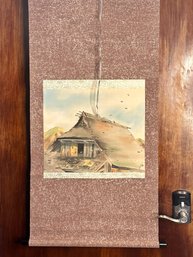 Antique Japanese Scroll: Watercolor Of A Village Cottage