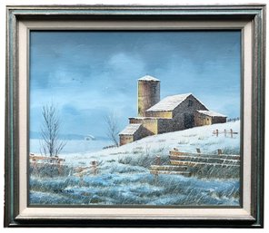 M. Plotkin Vintage Oil On Canvas Painting Of A  Wintery Barn Scene