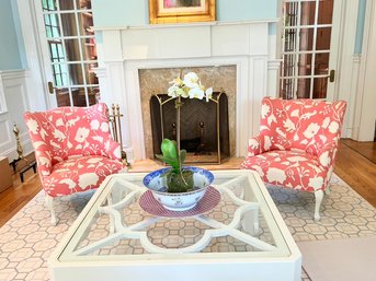 Pair Of Beautiful Quadrille Uphostered Wingback Chairs - Coral On Tint