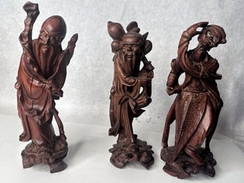 Early 1900s Trio Of Antique Chinese Hand-Carved Wood Statues