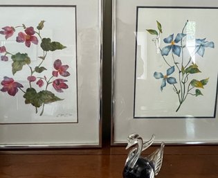 2 Framed And Matted Watercolor Florals And A Small Art Glass Swan