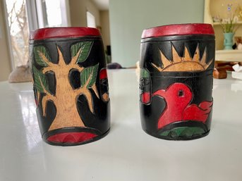 An Older Pair Of  Hand-Carved And Painted Mortars Or Cups