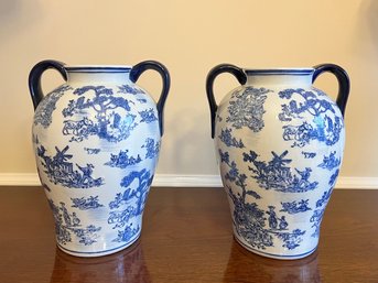 Pair Of Chinoiserie Blue And White Vases/Urns