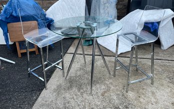 Chrome And Glass Bar Table With Chrome Steel And Lucite Seat Stools