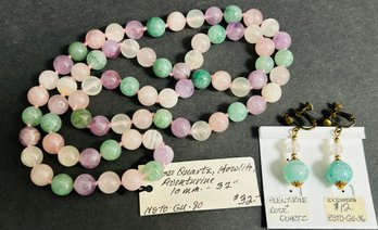 Vintage Semi Precious Stone Beaded Necklace Rose Quartz Howlite Aventurine 10mm Beads 32' L  And Earrings