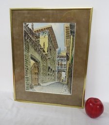 A Spanish Watercolor By Jose Zuzaya, A Listed Artist - Barcelona Street Scene