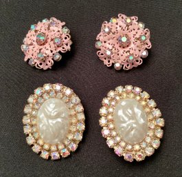 Two Pair Fabulous Vintage Clip On Earrings With Rhinestones