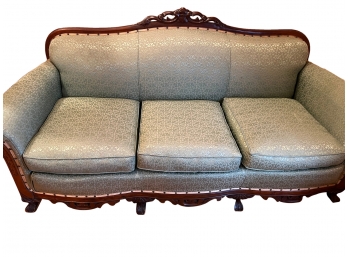 Victorian Style Green Couch With Hand Carved Trim