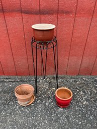 (3) Planters And Wire Plant Stand Lot