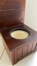 An Antique  Wood Commode Chamber Pot Chair  With Ceramic Insert